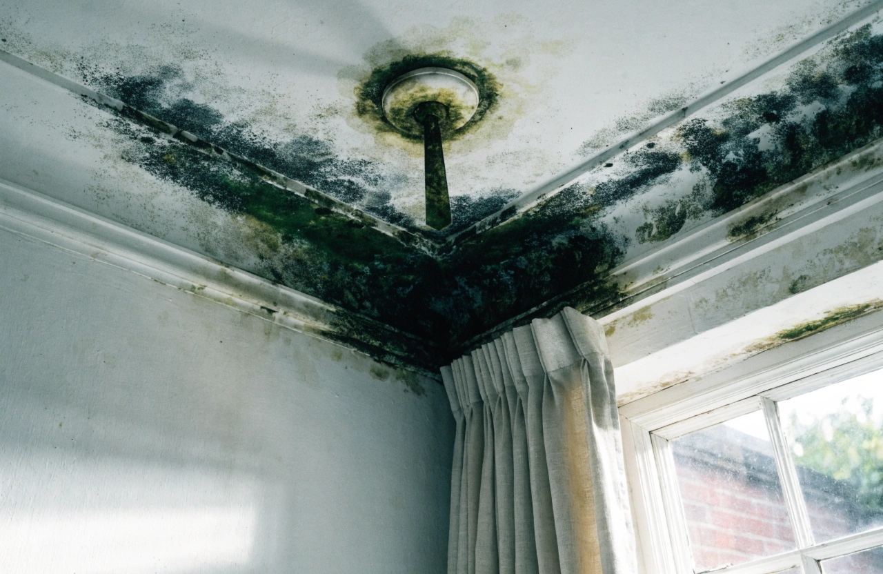 mould damage on ceiling and walls in Central Coast home before remediation