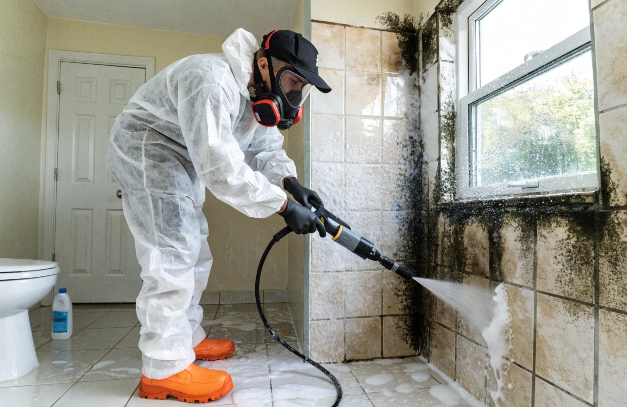 professional mould inspection and cleaning technician treating wall Central Coast home
