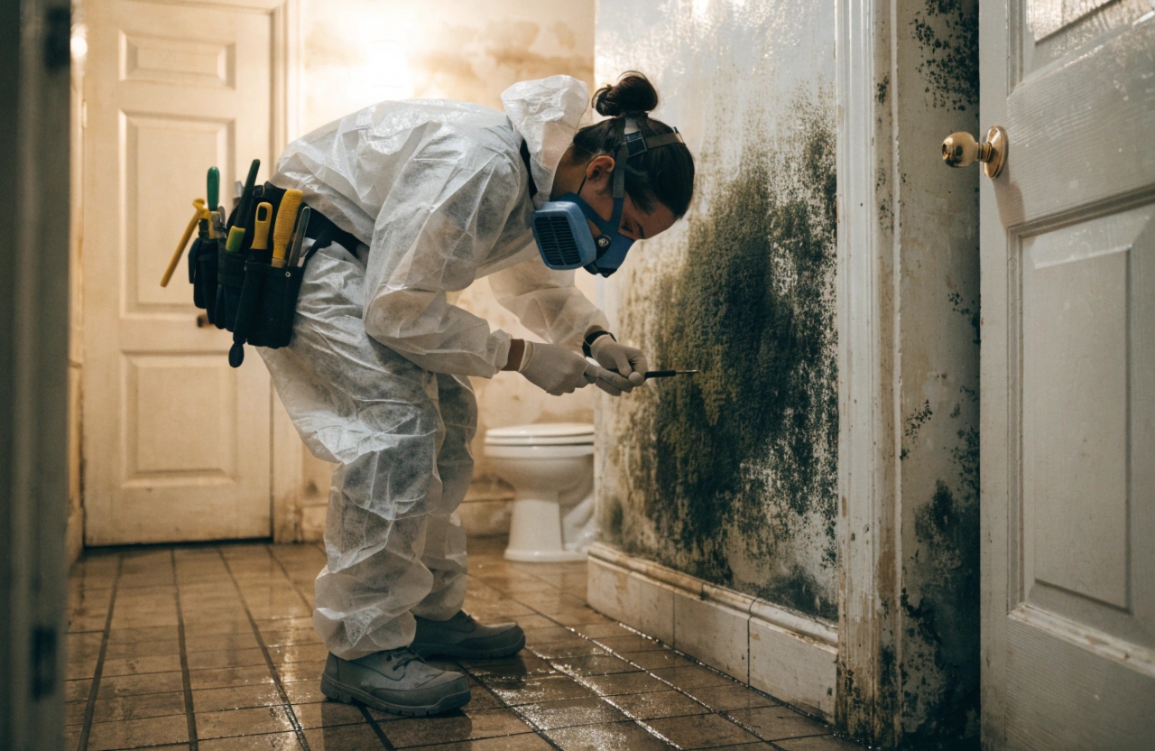 professional mould removal technician Central Coast NSW inspecting bathroom wall