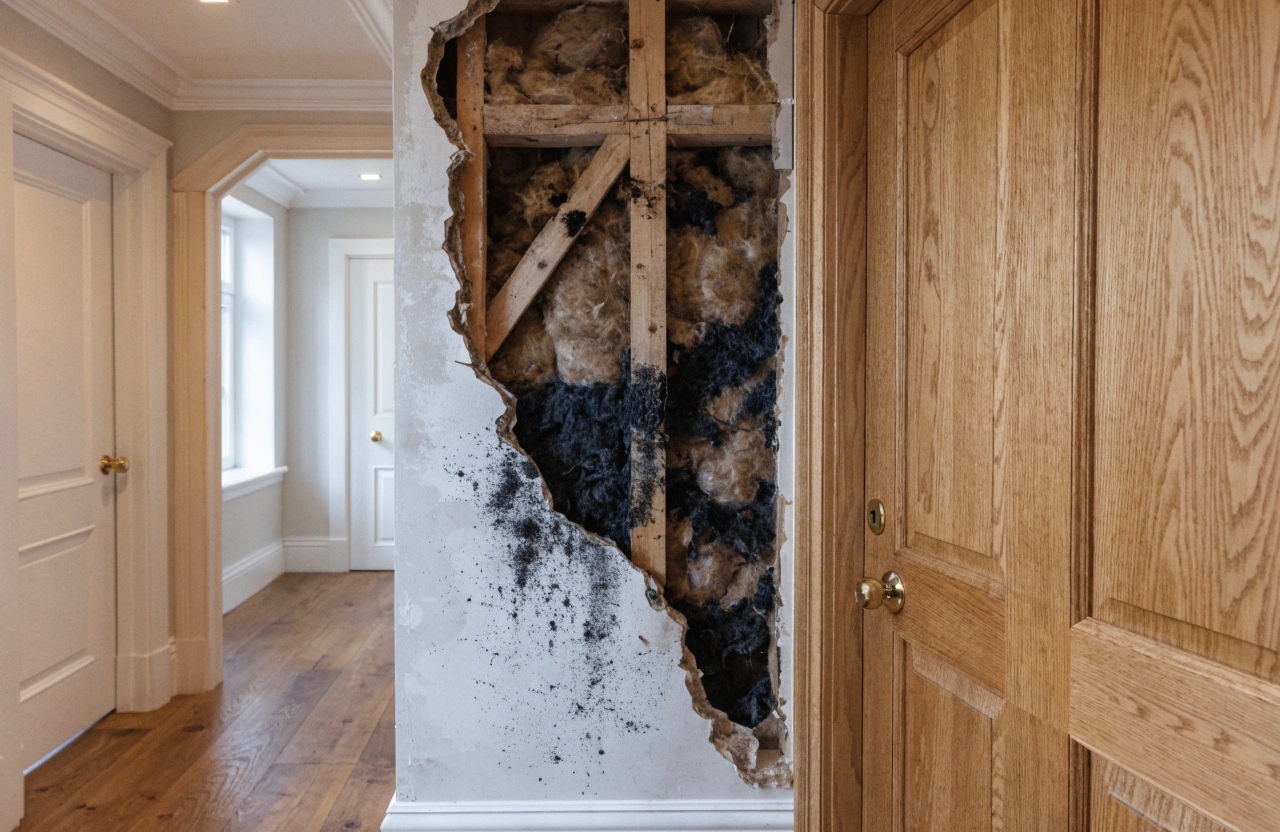 section of plasterboard wall with the surface layer partially removed, revealing extensive black mould growth