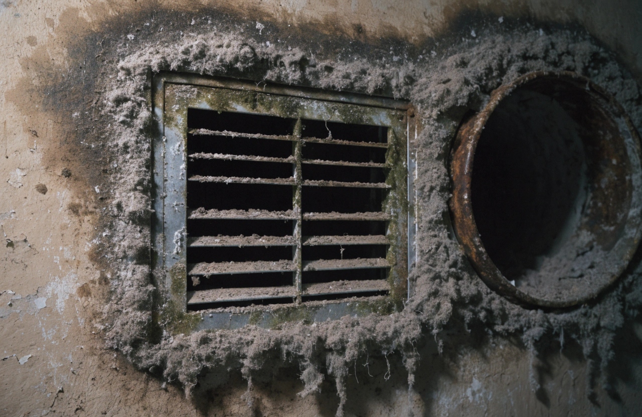 dusty, mould-spotted residential air conditioning vent and duct opening mounted on a wal