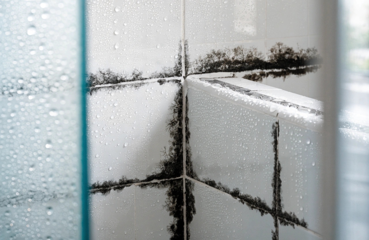 dark mould growth along white tile grout lines and silicone sealing in a bathroom corner