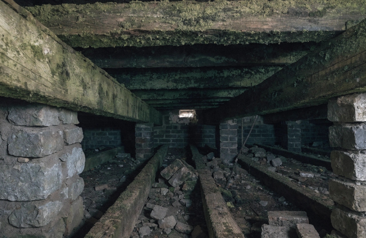 Dark timber floor joists and bearers in a residential subfloor crawl space covered in green and black mould growth