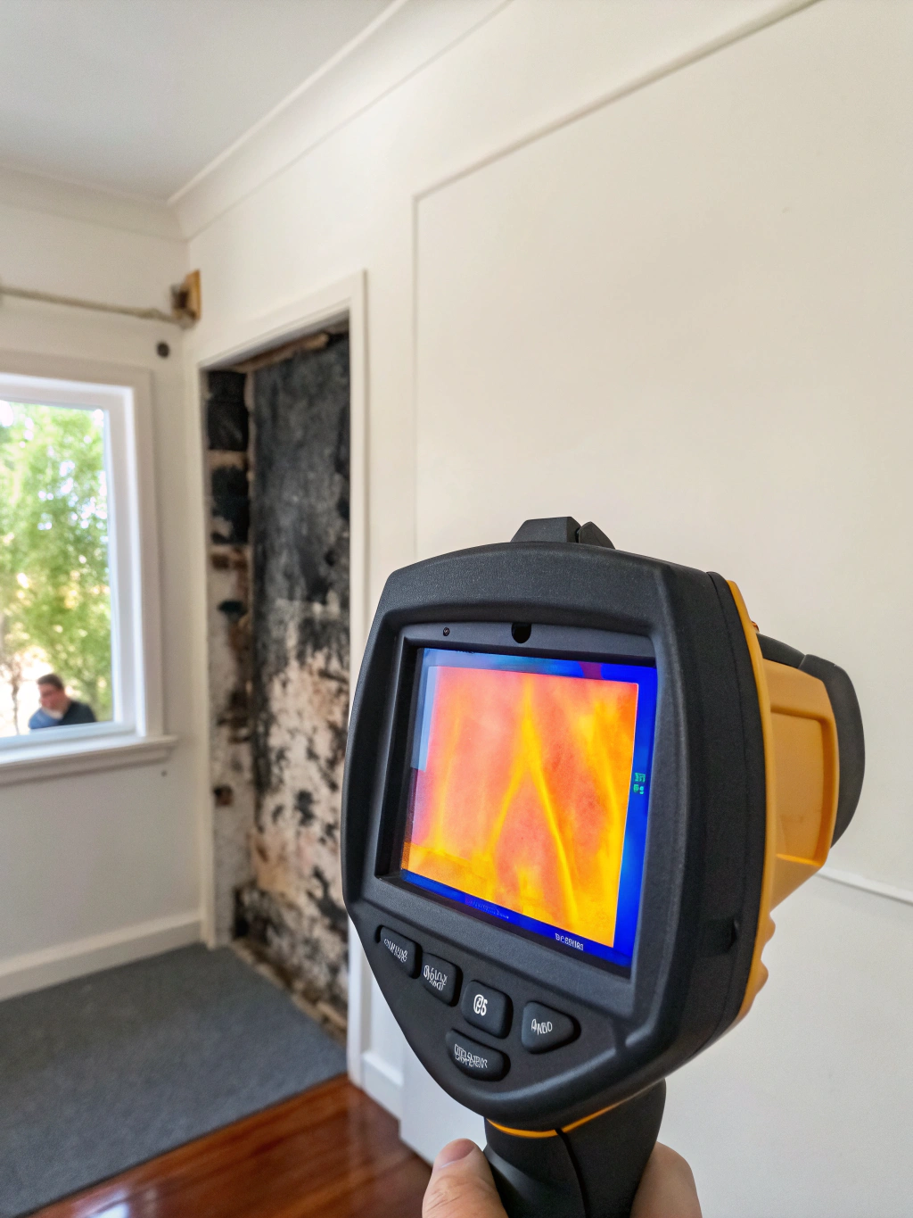 Thermal imaging camera pointed at interior wall during professional mould inspection