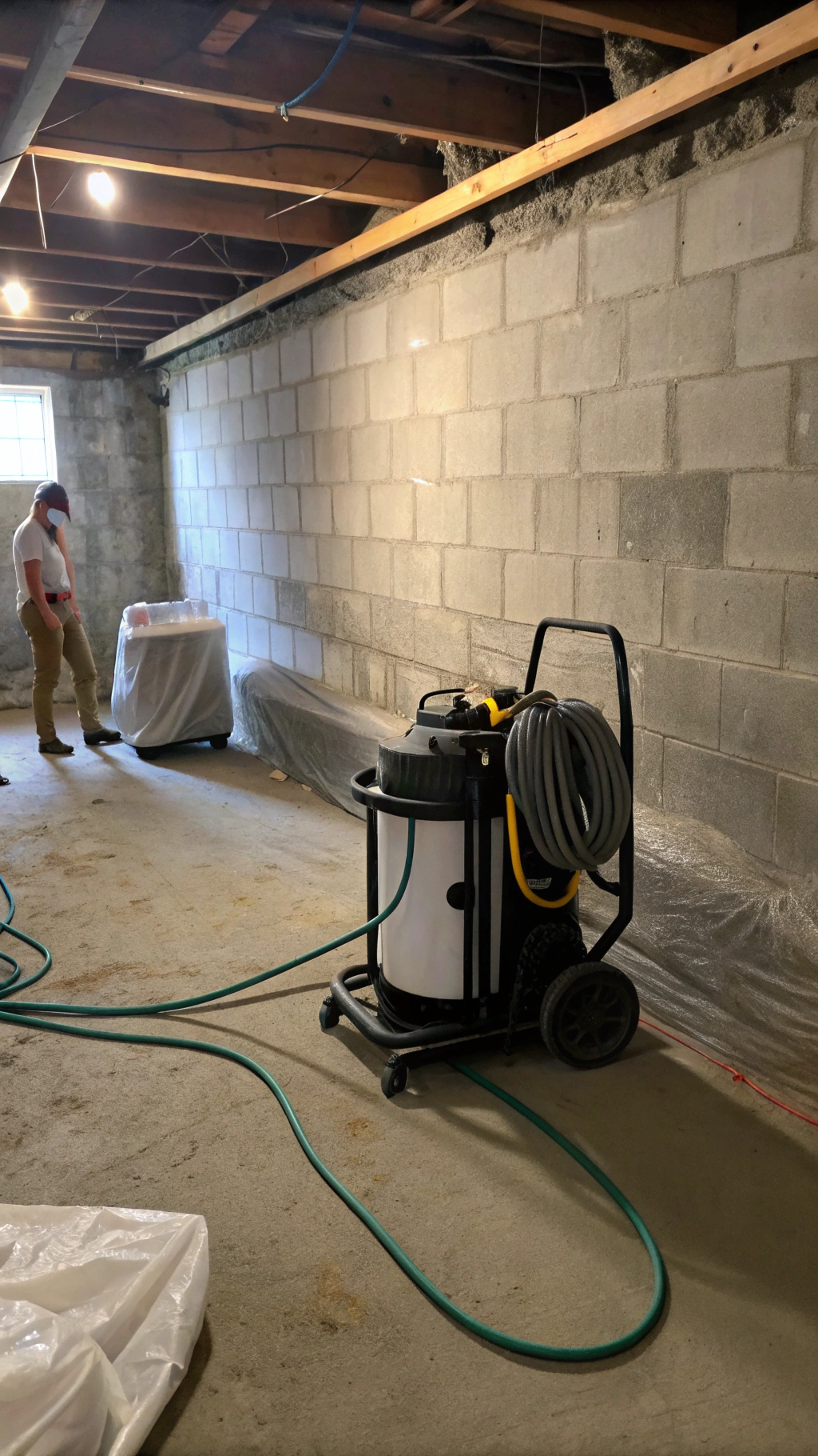 Professional mould remediation treatment being applied to a below-grade concrete surface