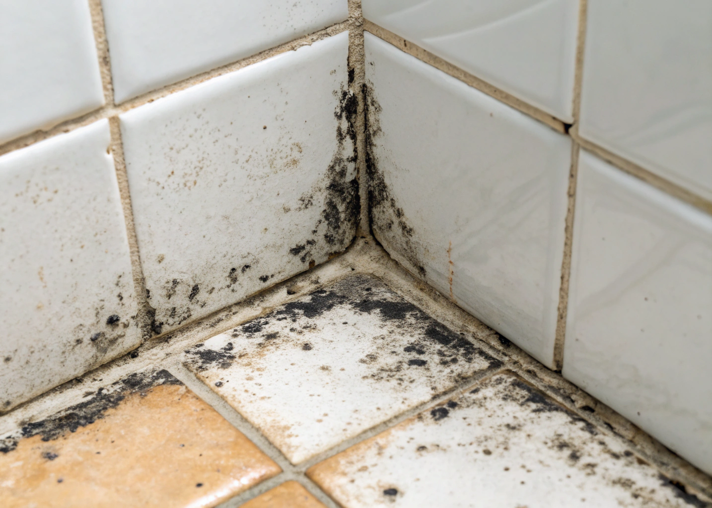 Close-up of black mould growing deep in bathroom grout lines Central Coast NSW