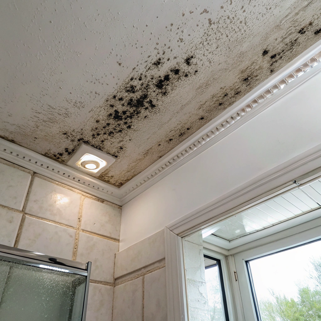 Black mould spreading across bathroom ceiling plaster Central Coast NSW