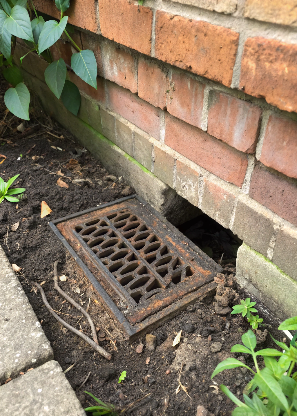 Blocked subfloor ventilation vent in brick foundation wall of older Central Coast home
