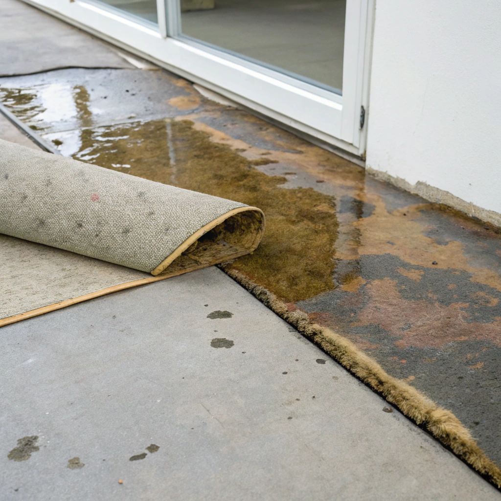 Lifted carpet revealing saturated underlay during moisture assessment