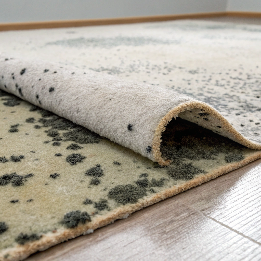 Mould growth visible on carpet underlay after water damage