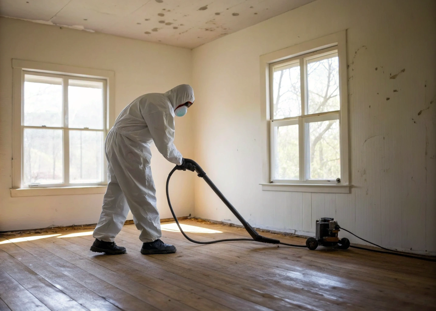 Technician using HEPA vacuum on flooring during post-mould treatment cleaning Central Coast NSW