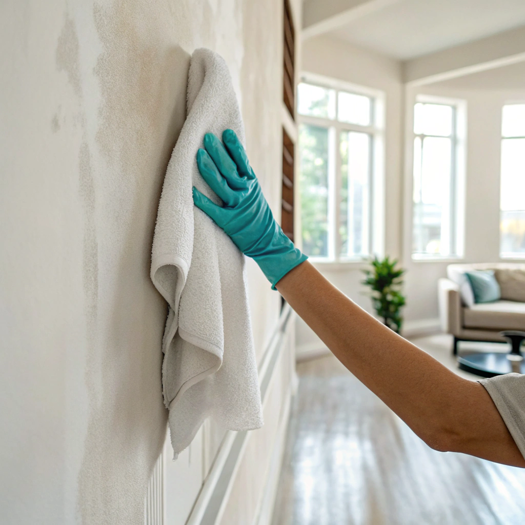 Cleaning technician wiping down wall surfaces after mould remediation in a Central Coast home