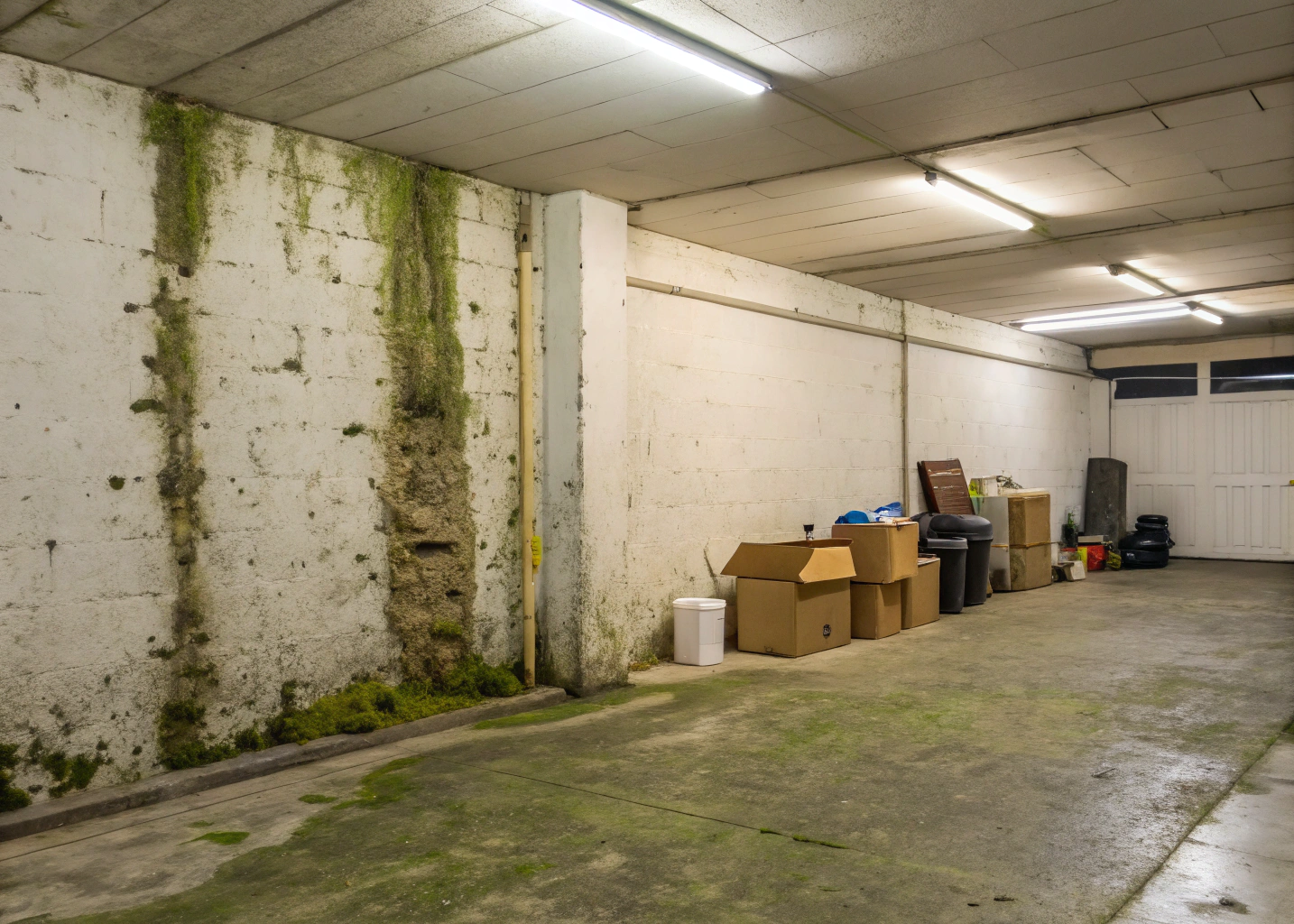 Semi-basement garage with mould growth on concrete walls and stored items on the floor