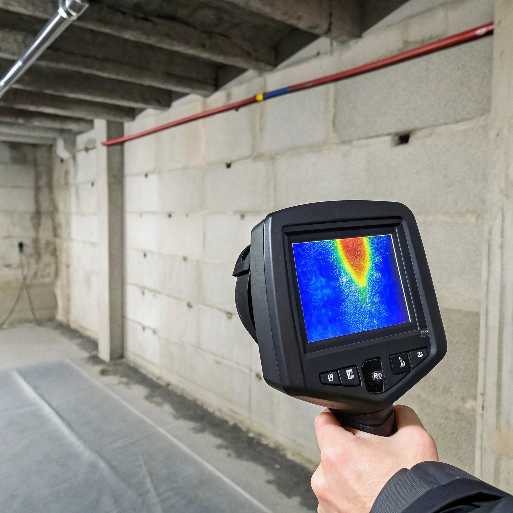 Thermal imaging scan of a basement wall revealing hidden moisture behind the surface