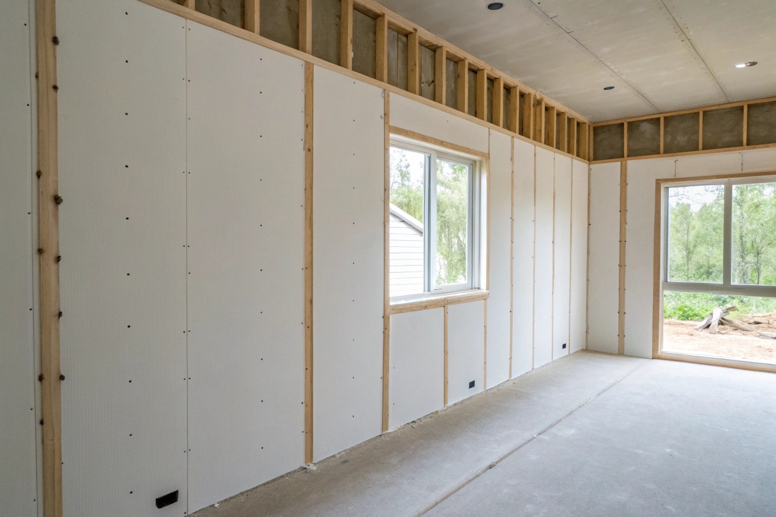 Freshly installed plasterboard wall in a Central Coast residential bedroom ready for painting