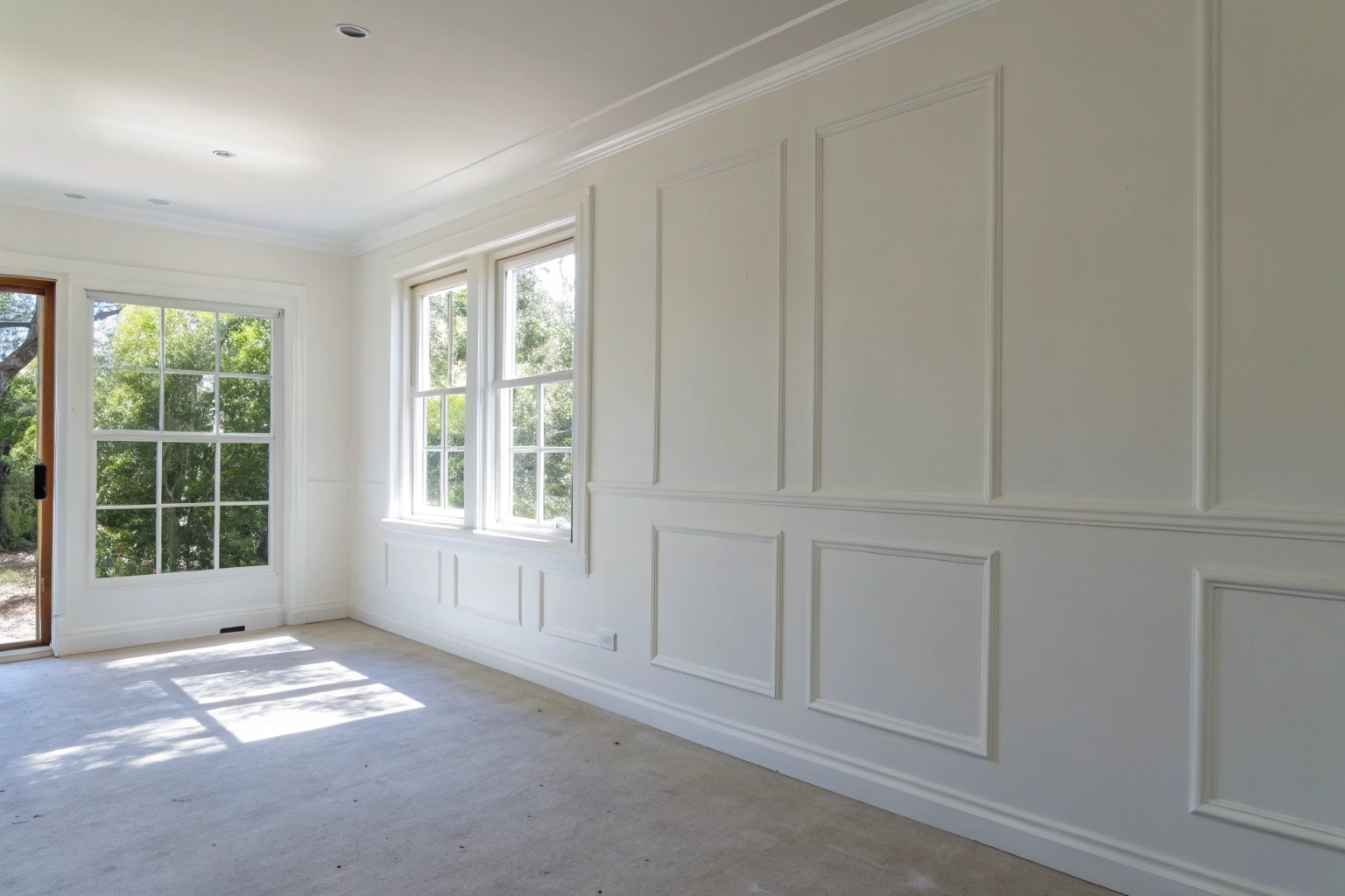 Freshly replaced and painted plasterboard wall in a Central Coast home following mould remediation