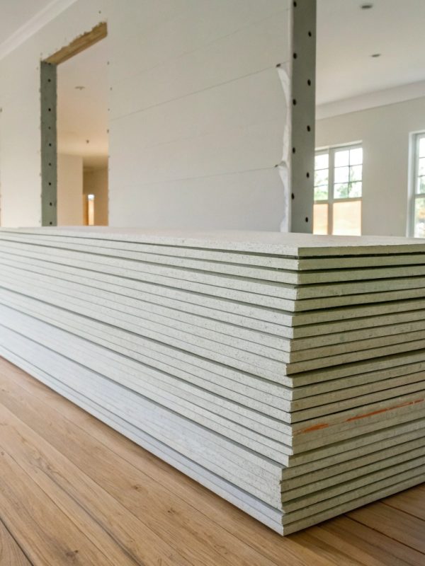 Moisture-resistant plasterboard sheets staged for installation during post-mould building restoration
