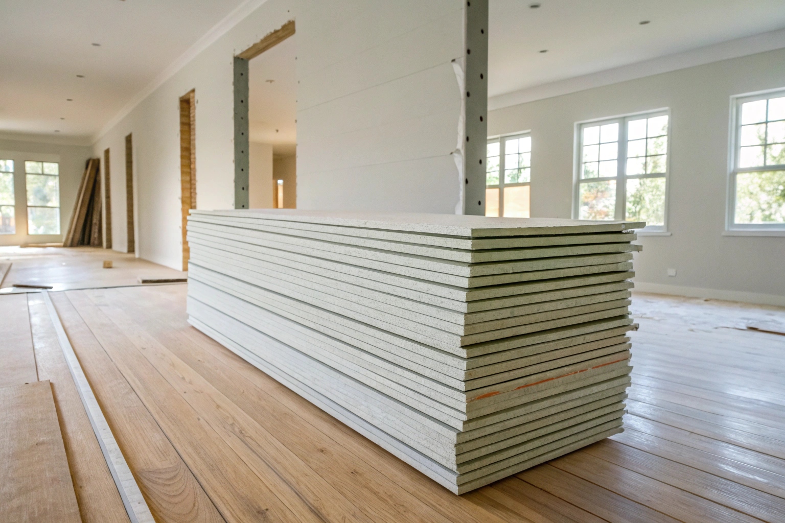 Moisture-resistant plasterboard sheets staged for installation during post-mould building restoration