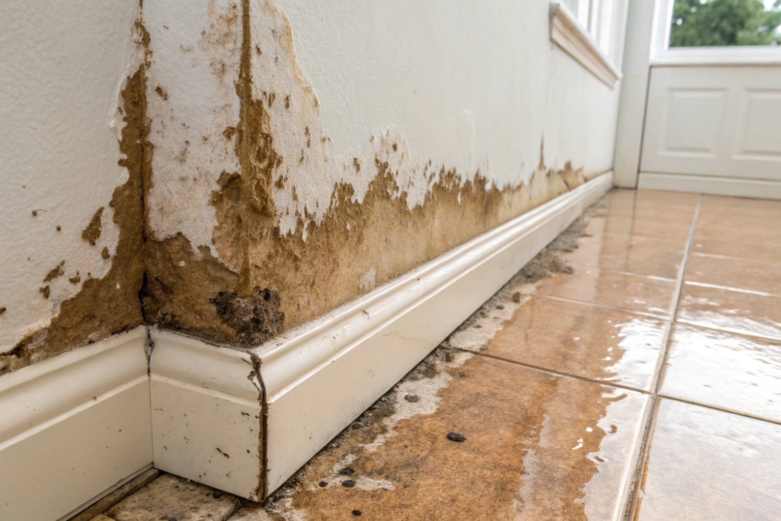 Flood damaged plasterboard wall showing water marks and early mould growth in a Central Coast home
