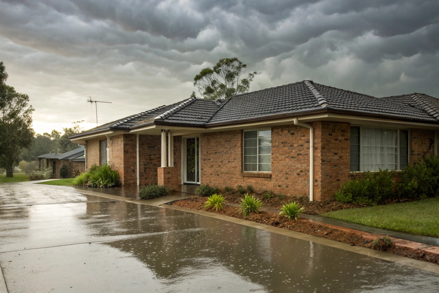 Storm water damage to a Central Coast home roof and gutters following a severe weather event