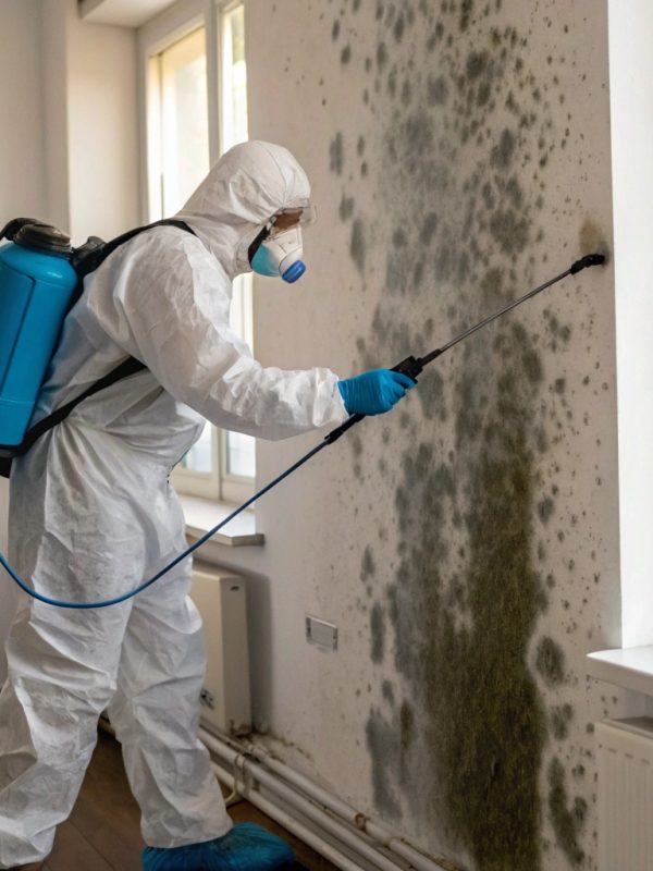 Professional mould remediation technician treating strata apartment wall surface on the Central Coast