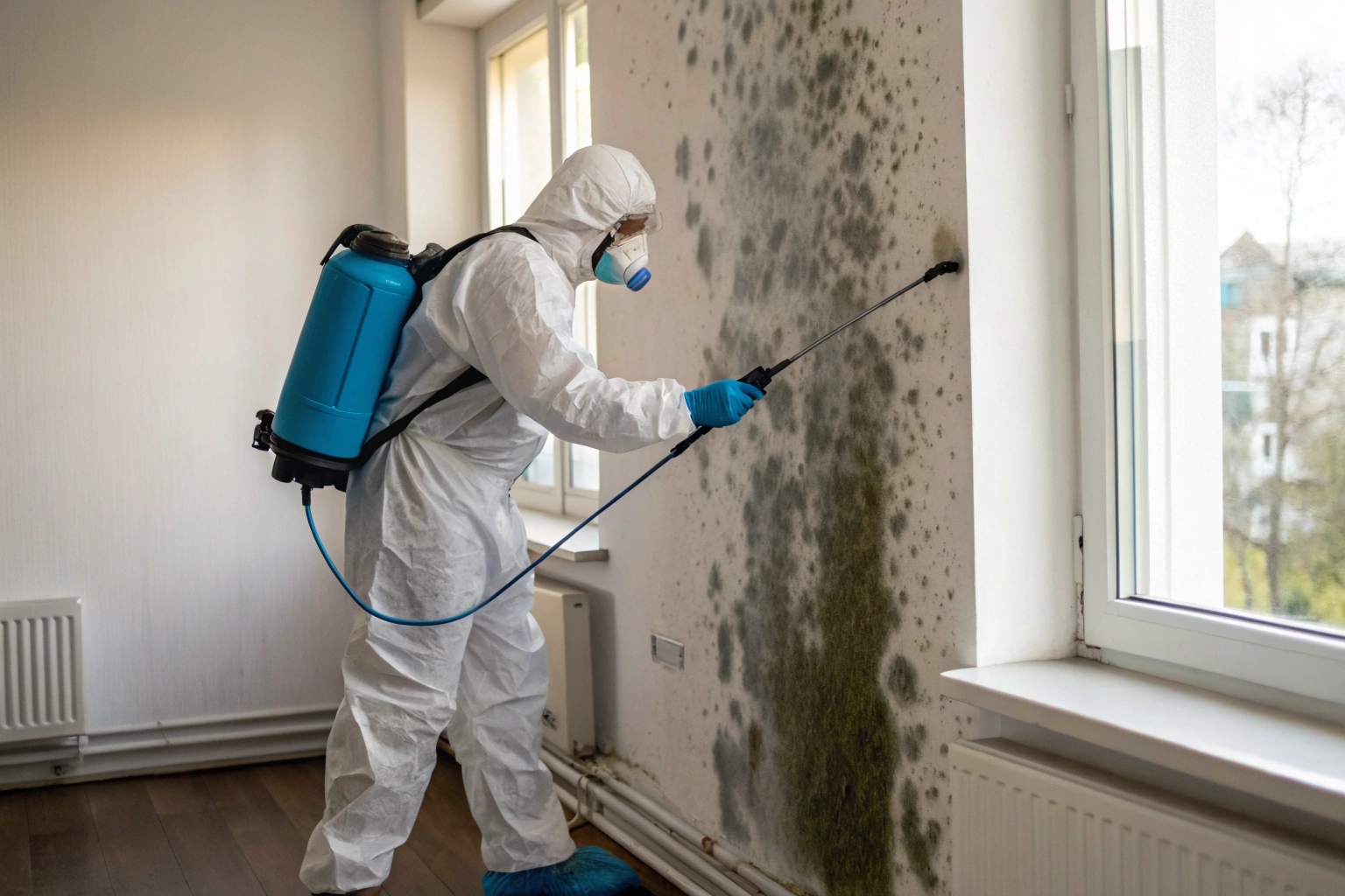 Professional mould remediation technician treating strata apartment wall surface on the Central Coast