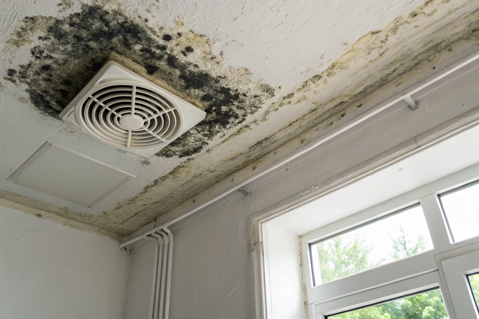 Mould growth on strata apartment bathroom ceiling near exhaust vent Central Coast