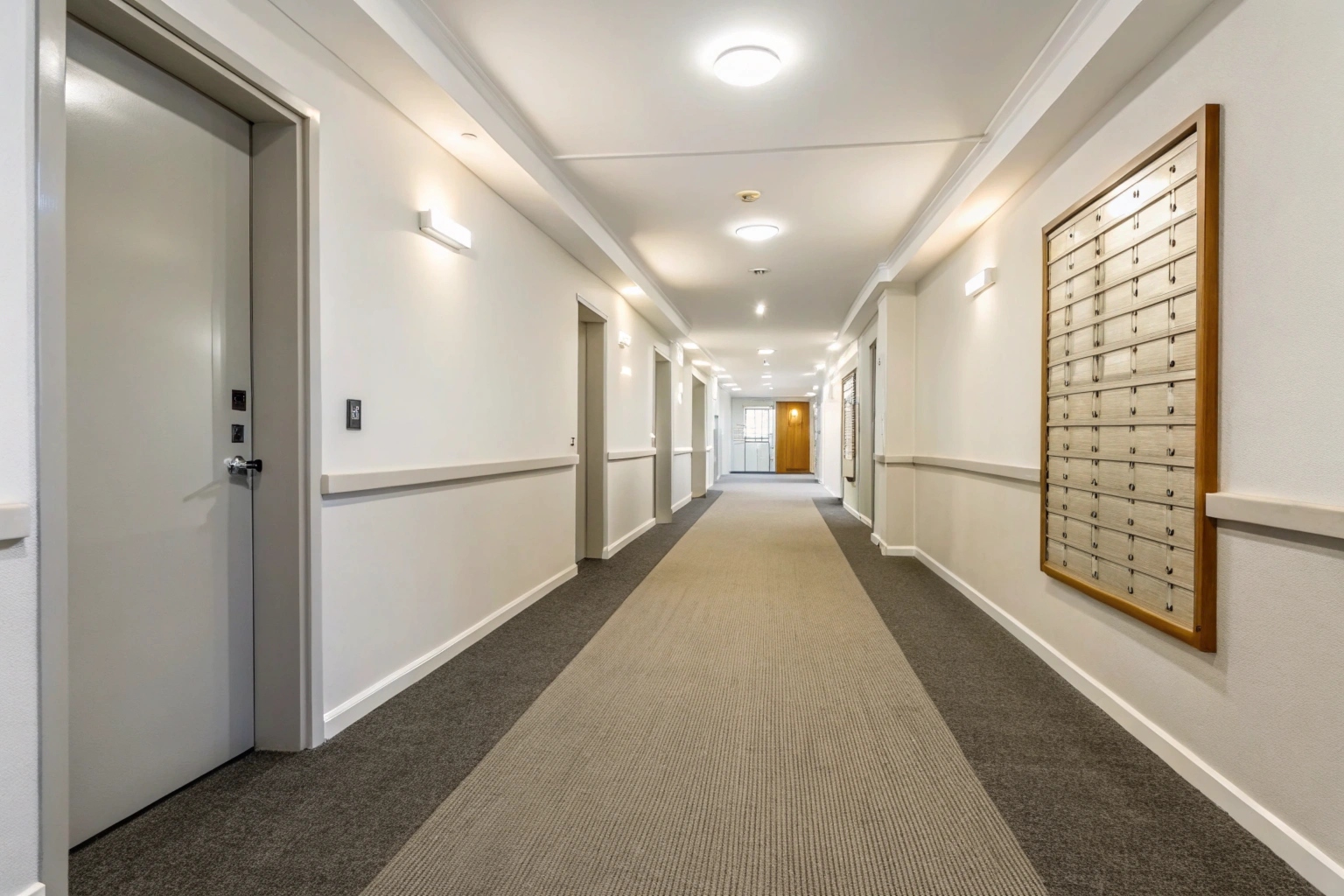 Clean carpeted common area corridor in a Central Coast strata building