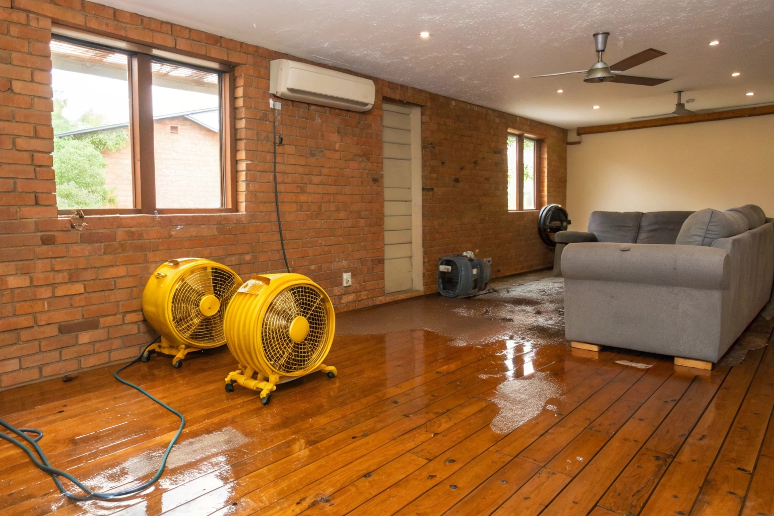 Water damage restoration equipment deployed in a Central Coast home living room after a burst pipe