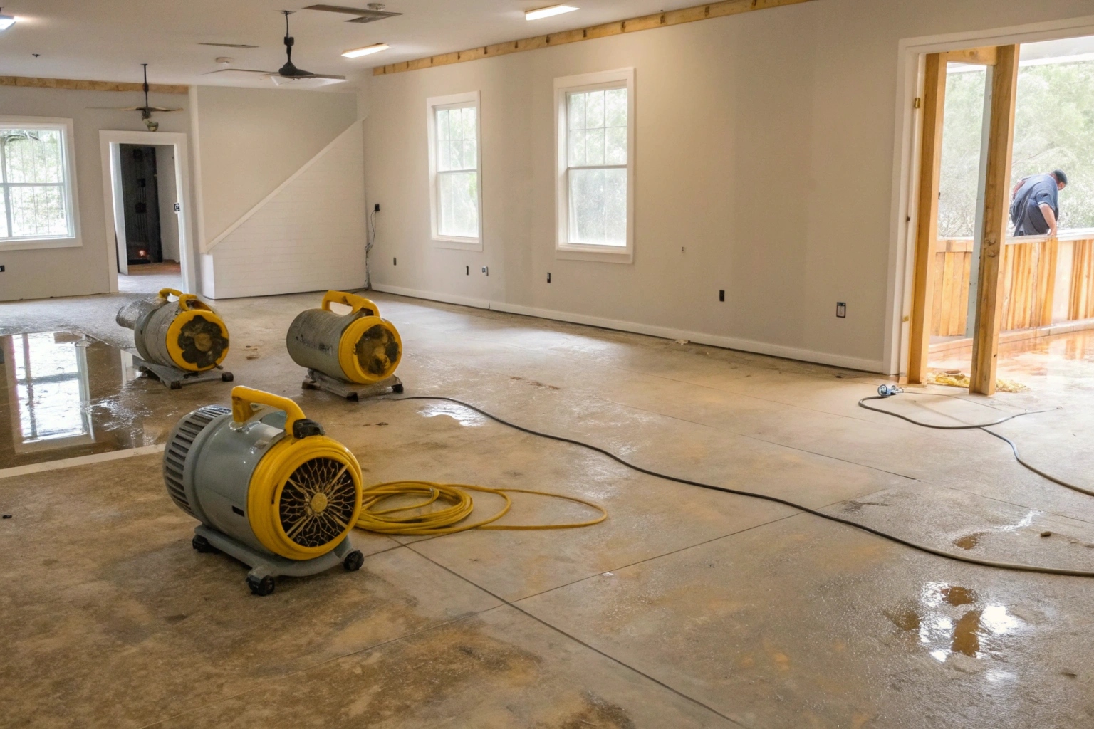 Professional flood restoration drying equipment set up inside a water damaged Central Coast property