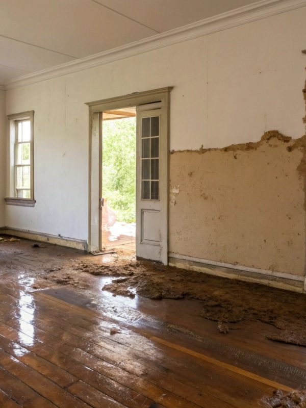 Flood damaged interior of a Central Coast home showing water stained walls and warped flooring