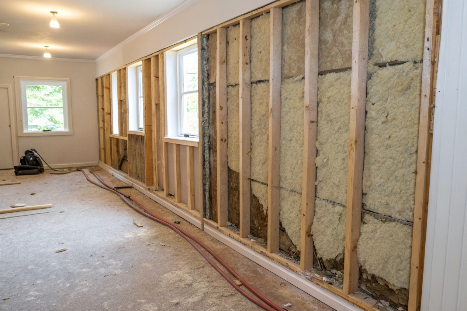 Wall cavity with internal lining removed exposing damaged insulation during mould remediation works