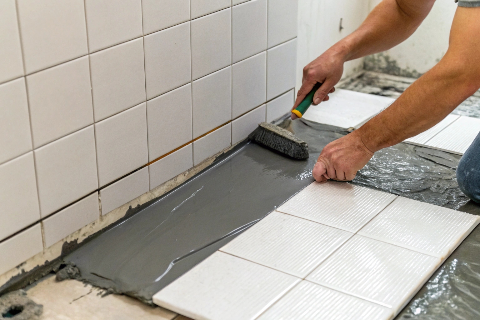Waterproofing membrane being applied to a bathroom floor during post-mould restoration on the Central Coast
