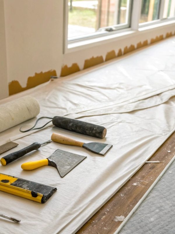 Plastering and setting tools beside a freshly set plasterboard wall during a Central Coast replacement job