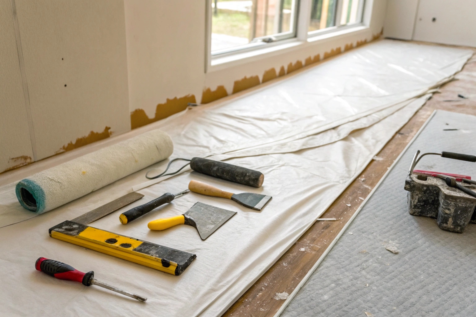 Plastering and setting tools beside a freshly set plasterboard wall during a Central Coast replacement job