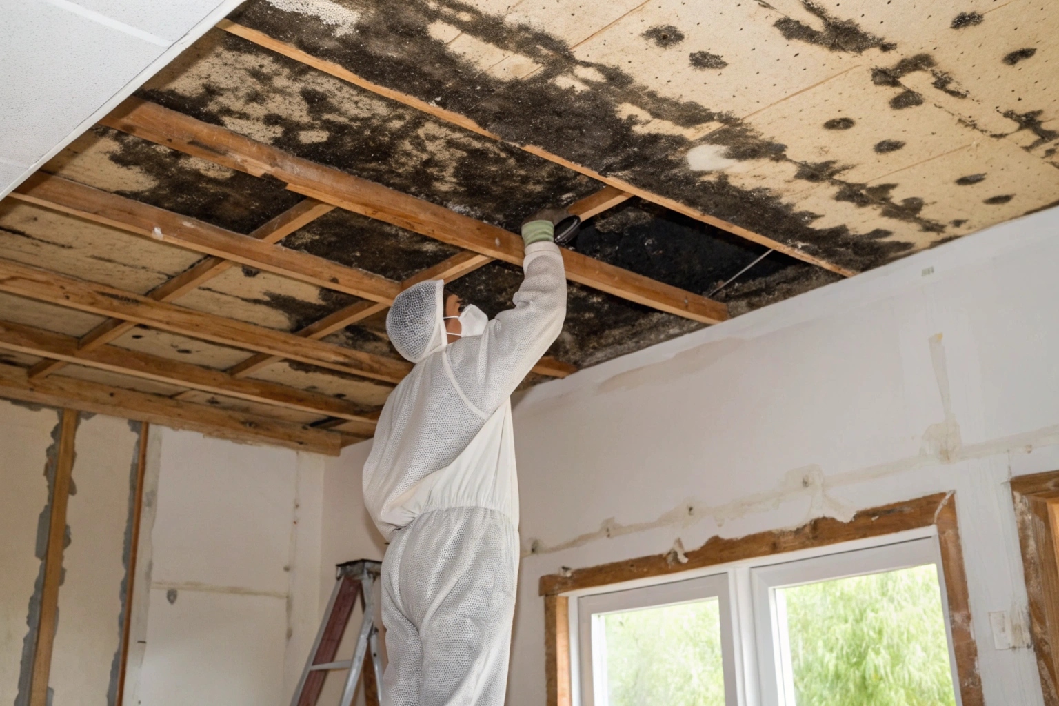 Mould-damaged plasterboard removed from a ceiling exposing timber joists in a Central Coast home